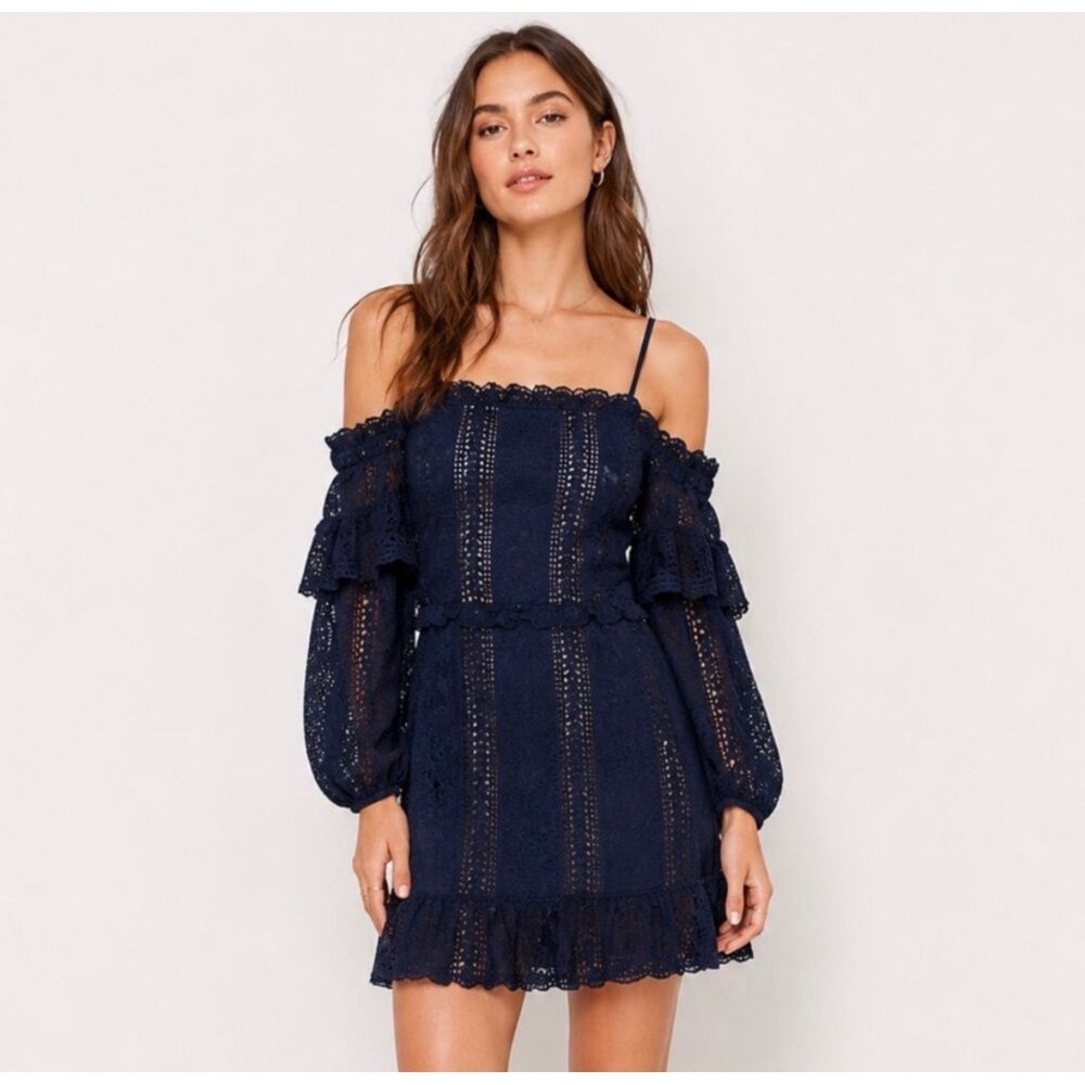 Parker Navy Blue Lace OffTheShoulder Ruffle Autumn Wedding Guest Dress Size 8